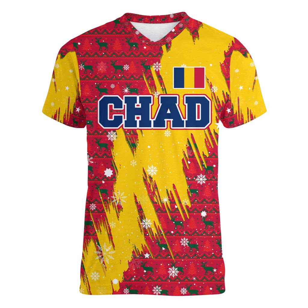 Chad Christmas Women V-Neck T-Shirt with Red-Yellow Festive Pattern, National Coat of Arms, and Snowflake Accents - Wonder Print Shop