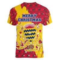 Chad Christmas Women V-Neck T-Shirt with Red-Yellow Festive Pattern, National Coat of Arms, and Snowflake Accents - Wonder Print Shop