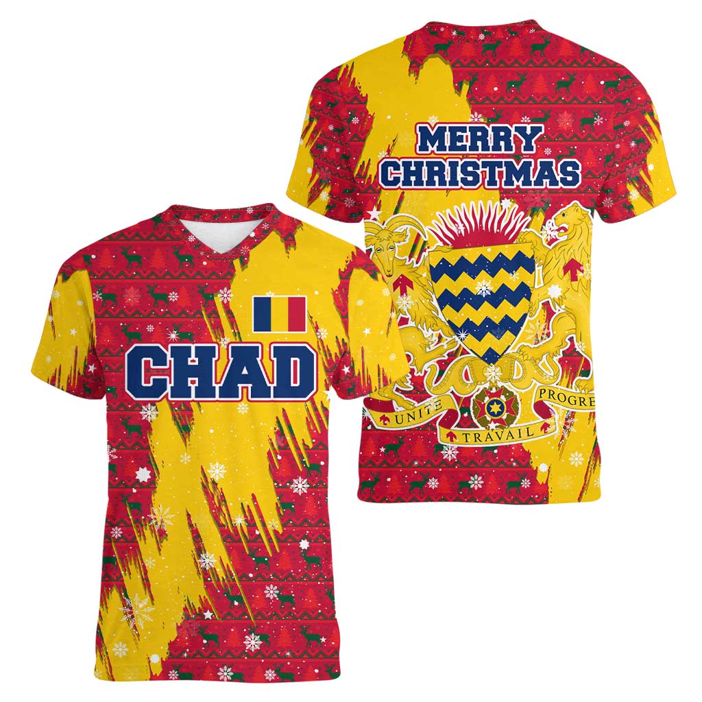 Chad Christmas Women V-Neck T-Shirt with Red-Yellow Festive Pattern, National Coat of Arms, and Snowflake Accents - Wonder Print Shop