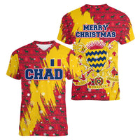 Chad Christmas Women V-Neck T-Shirt with Red-Yellow Festive Pattern, National Coat of Arms, and Snowflake Accents - Wonder Print Shop