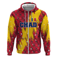 Chad Christmas Zip Hoodie with Red-Yellow Festive Pattern, National Coat of Arms, and Snowflake Accents - Wonder Print Shop