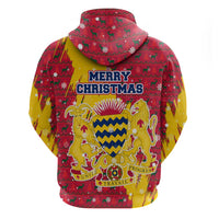 Chad Christmas Zip Hoodie with Red-Yellow Festive Pattern, National Coat of Arms, and Snowflake Accents - Wonder Print Shop