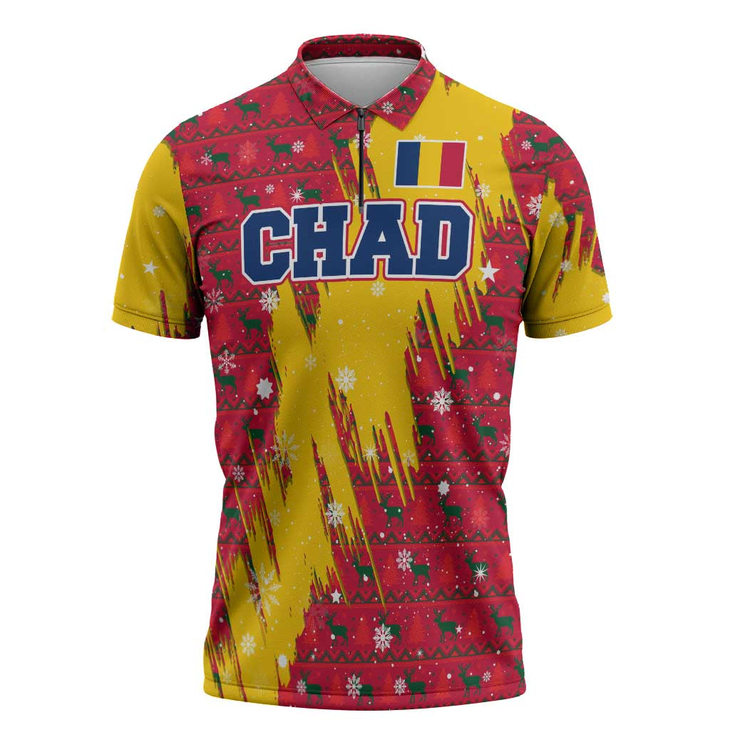 Chad Christmas Zipper Polo Shirt with Red-Yellow Festive Pattern, National Coat of Arms, and Snowflake Accents - Wonder Print Shop