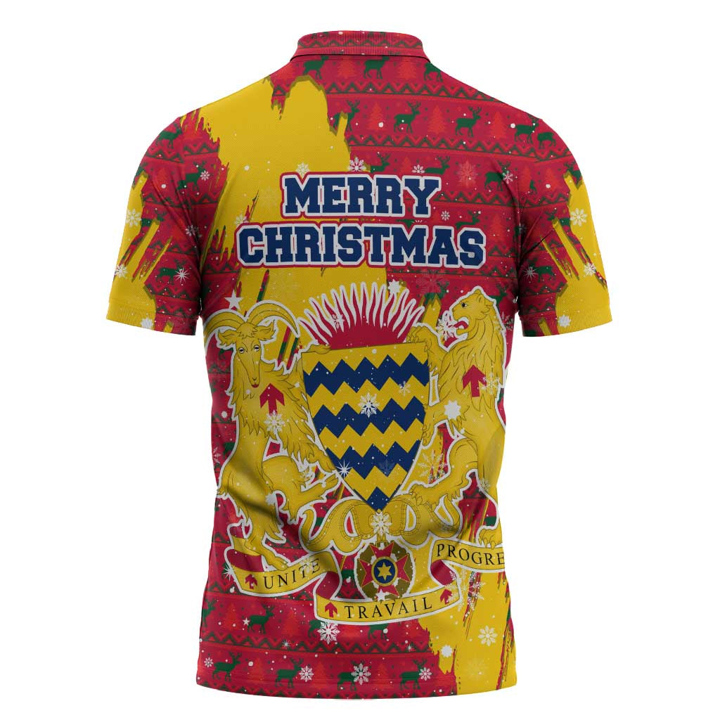 Chad Christmas Zipper Polo Shirt with Red-Yellow Festive Pattern, National Coat of Arms, and Snowflake Accents - Wonder Print Shop
