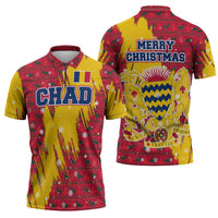 Chad Christmas Zipper Polo Shirt with Red-Yellow Festive Pattern, National Coat of Arms, and Snowflake Accents - Wonder Print Shop
