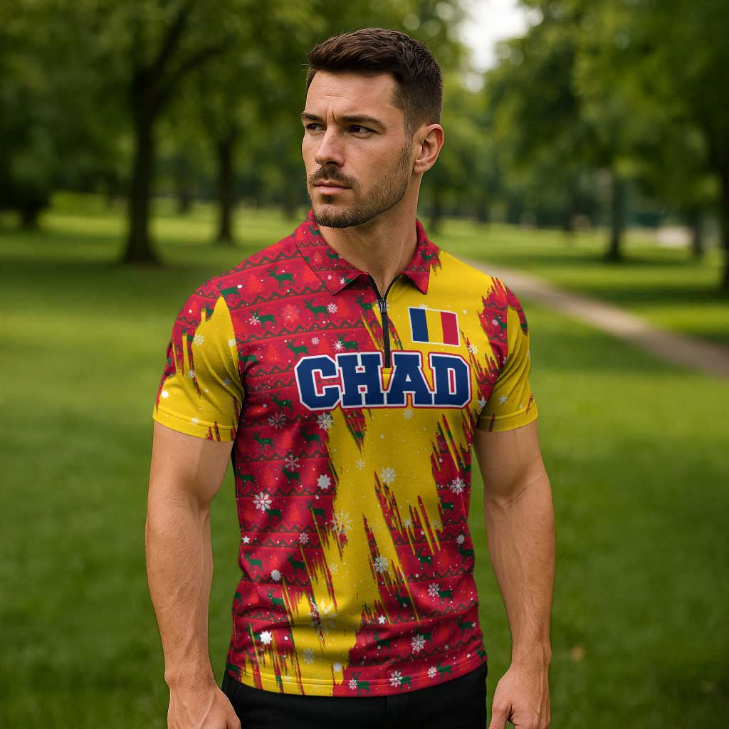 Chad Christmas Zipper Polo Shirt with Red-Yellow Festive Pattern, National Coat of Arms, and Snowflake Accents - Wonder Print Shop