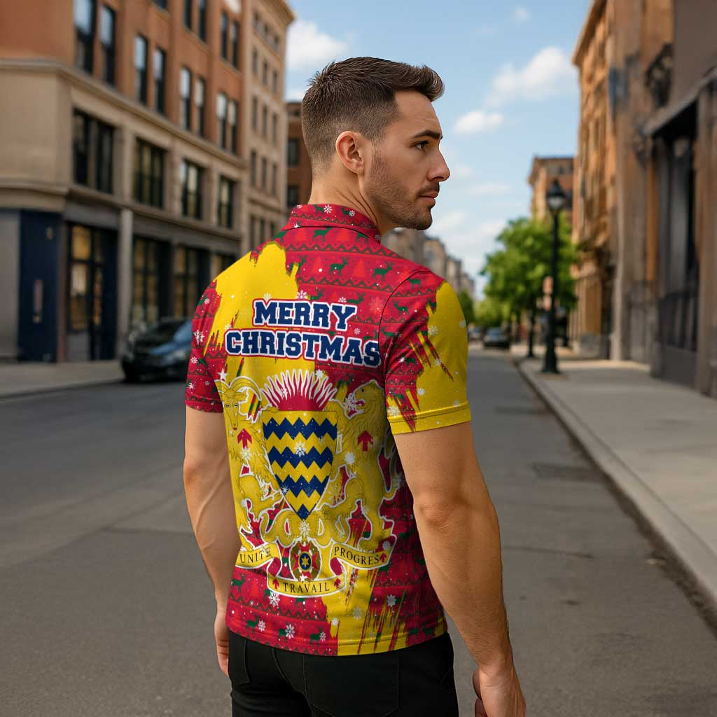 Chad Christmas Zipper Polo Shirt with Red-Yellow Festive Pattern, National Coat of Arms, and Snowflake Accents - Wonder Print Shop