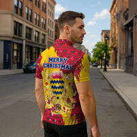 Chad Christmas Zipper Polo Shirt with Red-Yellow Festive Pattern, National Coat of Arms, and Snowflake Accents - Wonder Print Shop
