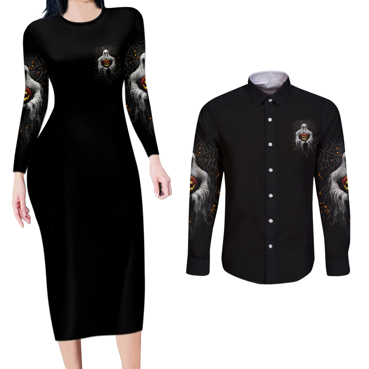 It's The Most Wonderful Time Halloween Couples Matching Long Sleeve Bodycon Dress and Long Sleeve Button Shirt - Wonder Print Shop