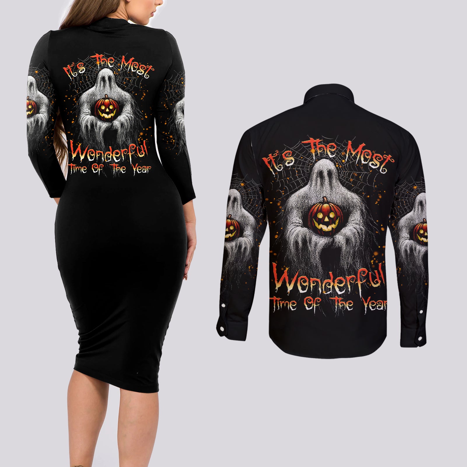It's The Most Wonderful Time Halloween Couples Matching Long Sleeve Bodycon Dress and Long Sleeve Button Shirt - Wonder Print Shop