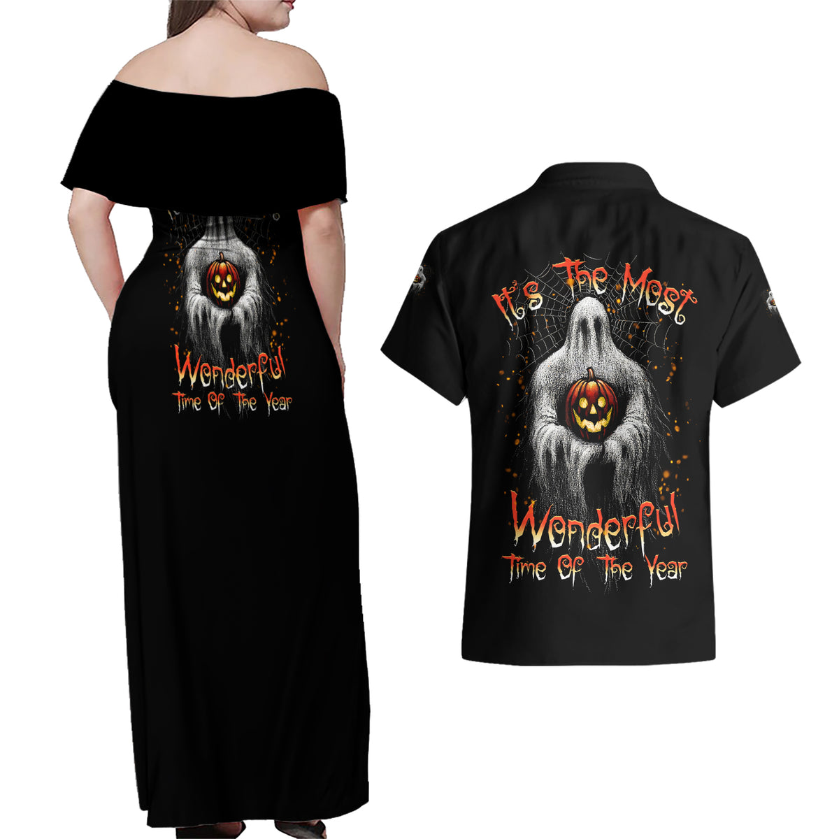 It's The Most Wonderful Time Halloween Couples Matching Off Shoulder Maxi Dress and Hawaiian Shirt - Wonder Print Shop