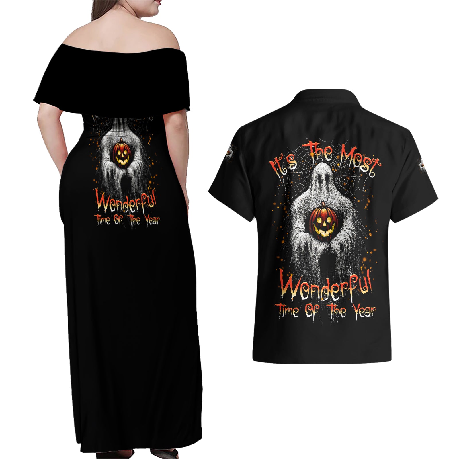It's The Most Wonderful Time Halloween Couples Matching Off Shoulder Maxi Dress and Hawaiian Shirt - Wonder Print Shop