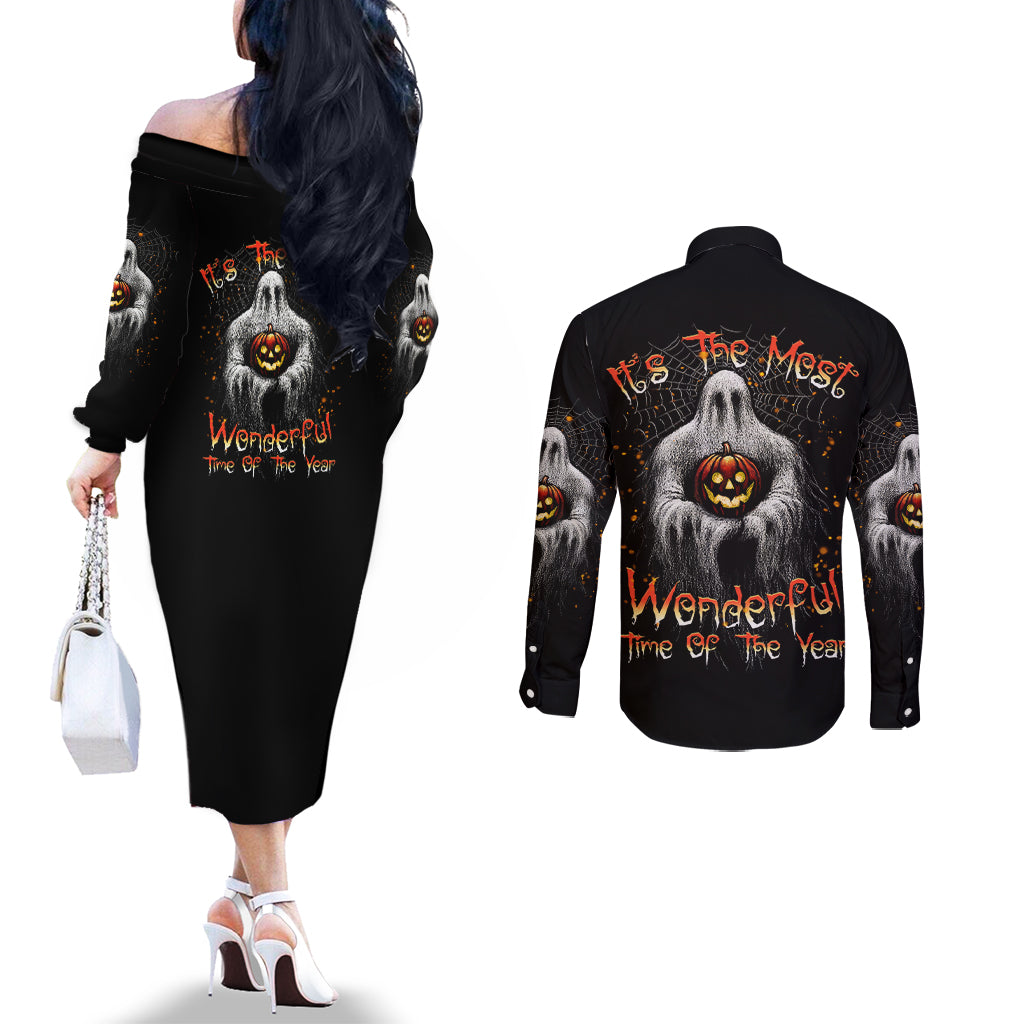It's The Most Wonderful Time Halloween Couples Matching Off The Shoulder Long Sleeve Dress and Long Sleeve Button Shirt TS04