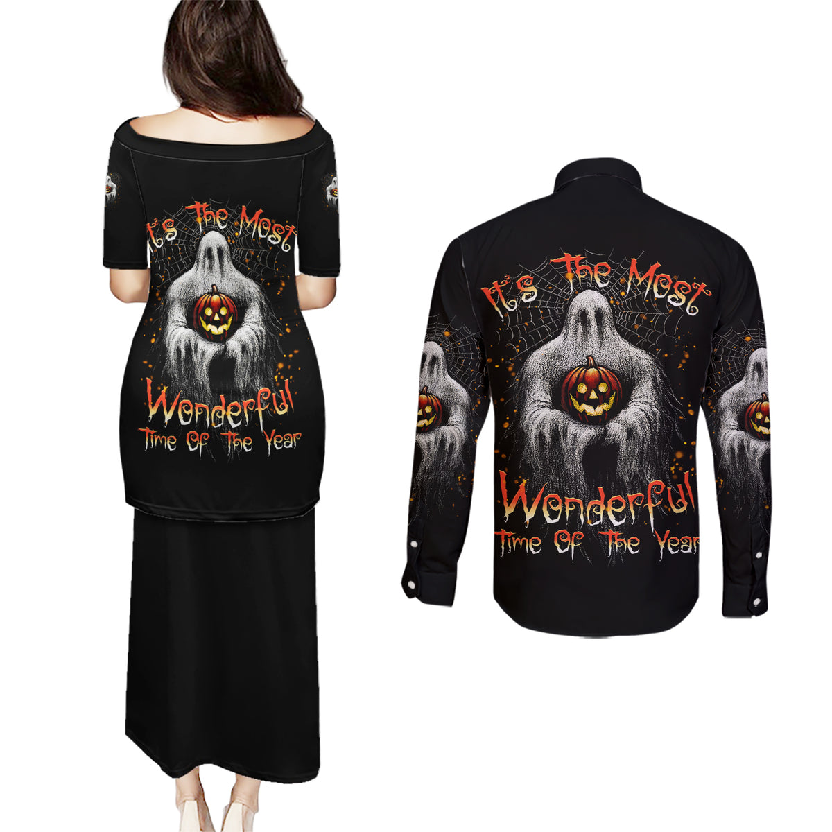 It's The Most Wonderful Time Halloween Couples Matching Puletasi Dress and Long Sleeve Button Shirt - Wonder Print Shop