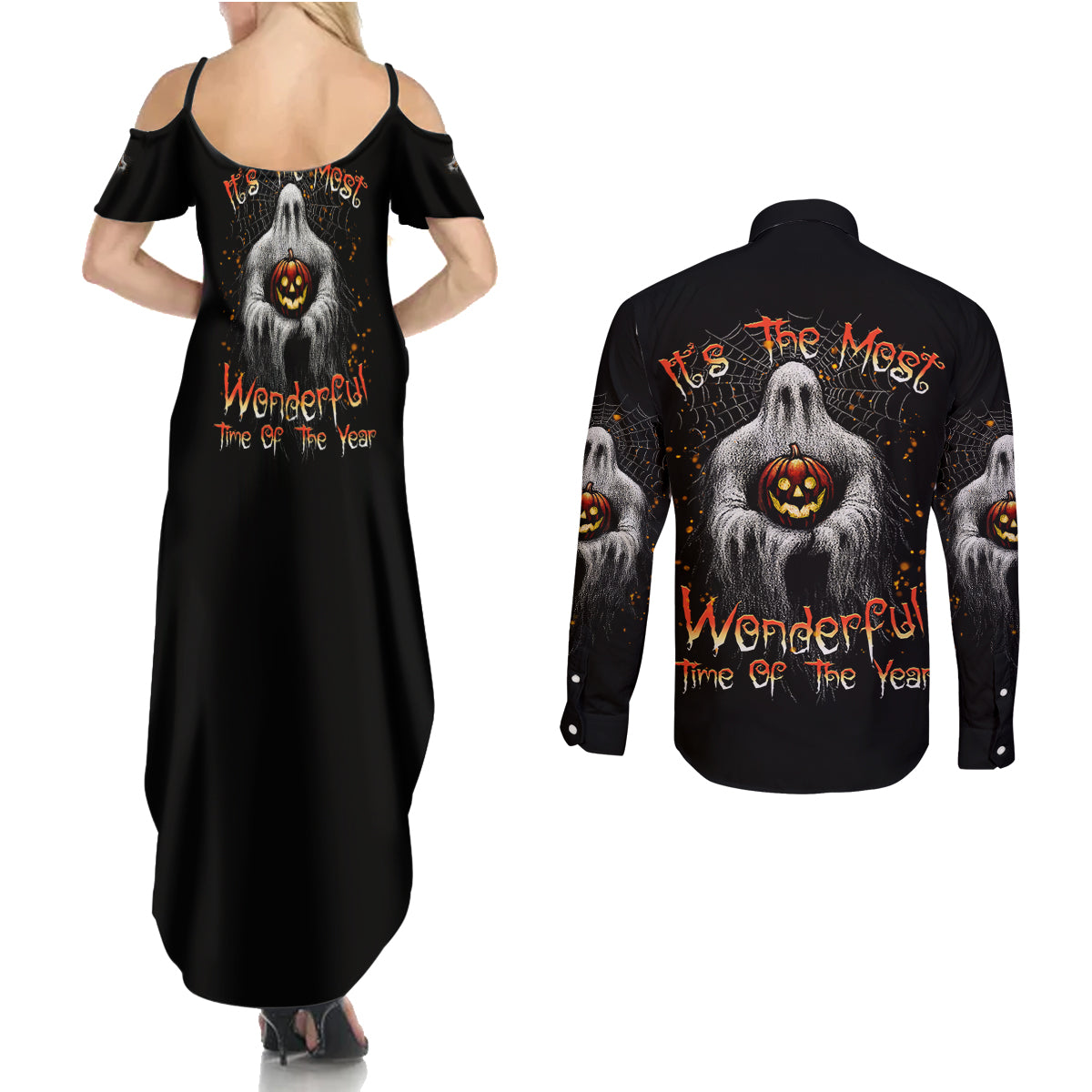 It's The Most Wonderful Time Halloween Couples Matching Summer Maxi Dress and Long Sleeve Button Shirt - Wonder Print Shop