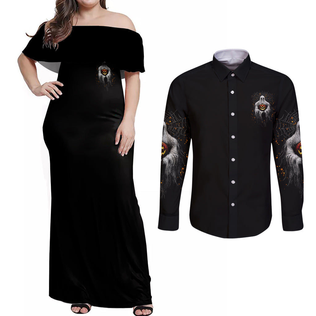 It's The Most Wonderful Time Halloween Couples Matching Off Shoulder Maxi Dress and Long Sleeve Button Shirt - Wonder Print Shop