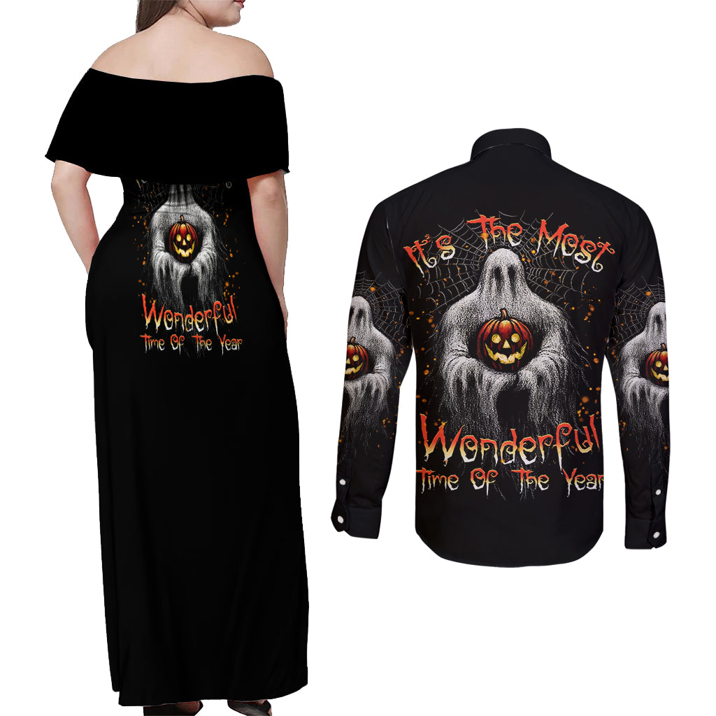It's The Most Wonderful Time Halloween Couples Matching Off Shoulder Maxi Dress and Long Sleeve Button Shirt - Wonder Print Shop