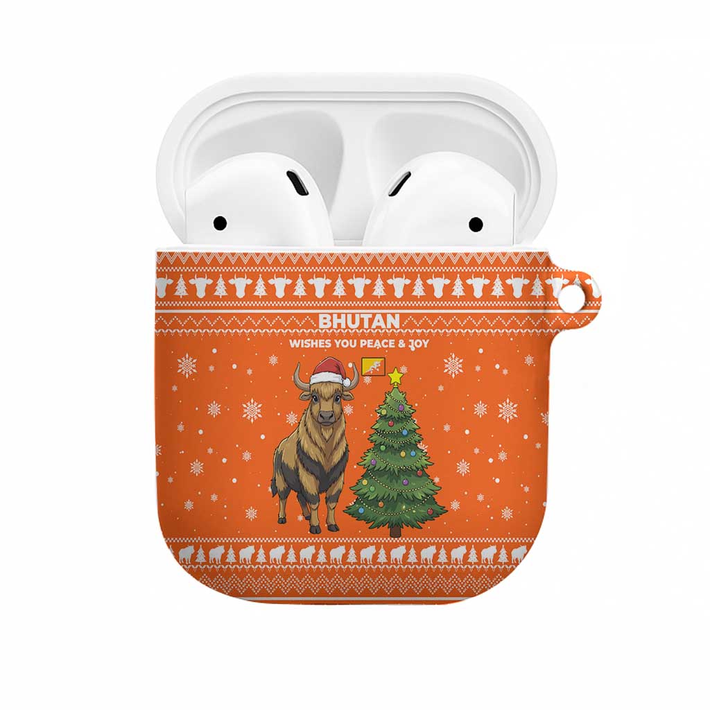 Bhutan Christmas AirPods Case with Takin Santa Hat Christmas Tree and Snowflake Pattern in Orange - Wonder Print Shop