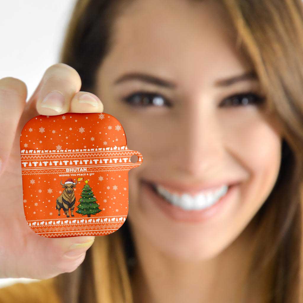 Bhutan Christmas AirPods Case with Takin Santa Hat Christmas Tree and Snowflake Pattern in Orange - Wonder Print Shop