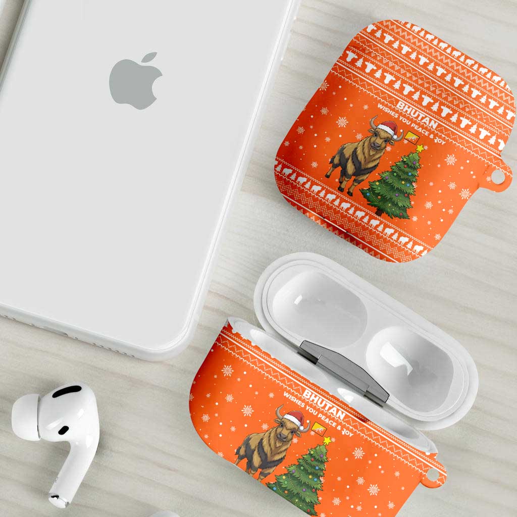 Bhutan Christmas AirPods Case with Takin Santa Hat Christmas Tree and Snowflake Pattern in Orange - Wonder Print Shop