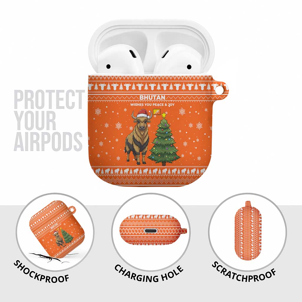 Bhutan Christmas AirPods Case with Takin Santa Hat Christmas Tree and Snowflake Pattern in Orange - Wonder Print Shop