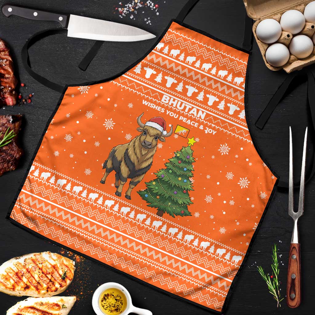 Bhutan Christmas Apron with Takin Santa Hat Christmas Tree and Snowflake Pattern in Orange - Wonder Print Shop