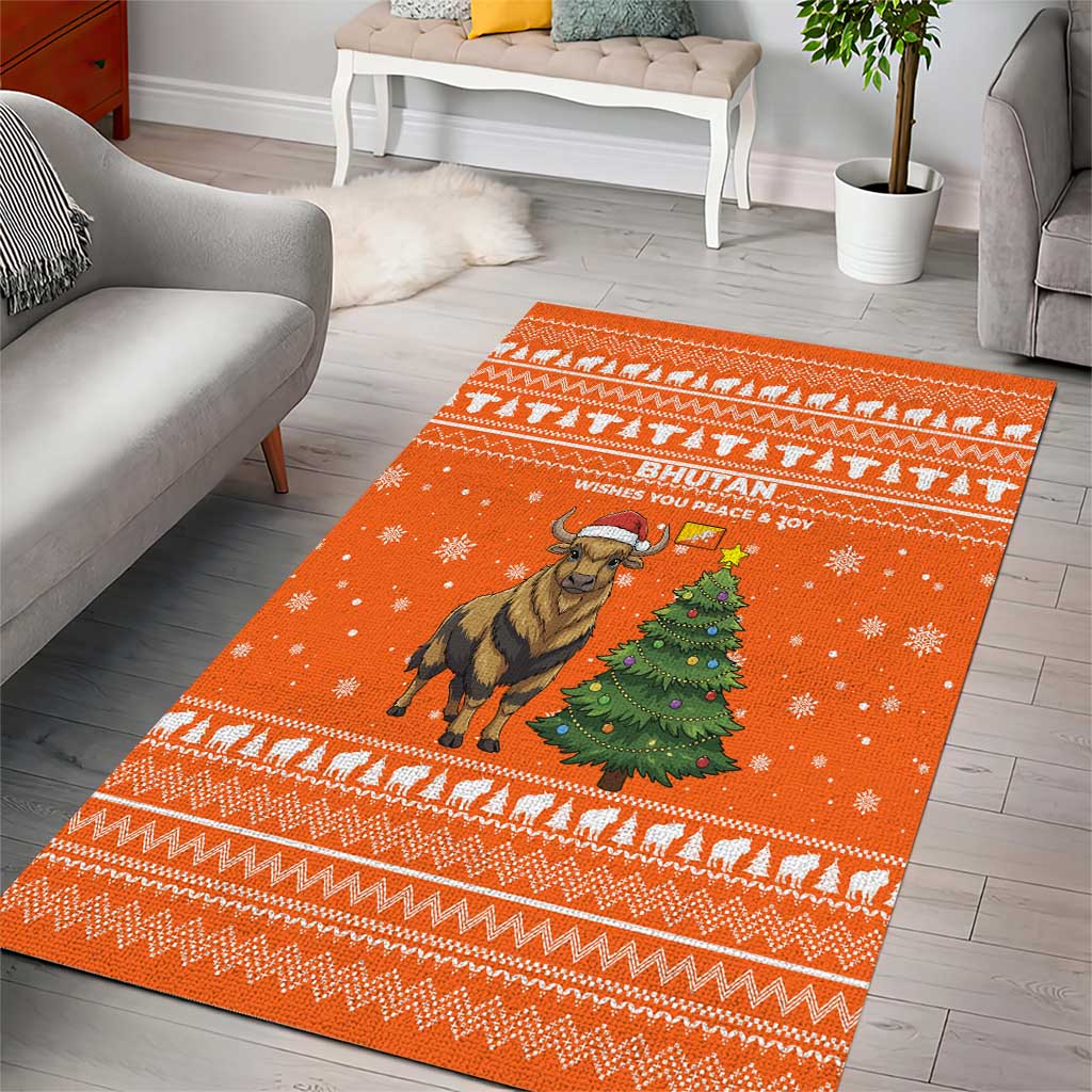 Bhutan Christmas Area Rug with Takin Santa Hat Christmas Tree and Snowflake Pattern in Orange - Wonder Print Shop