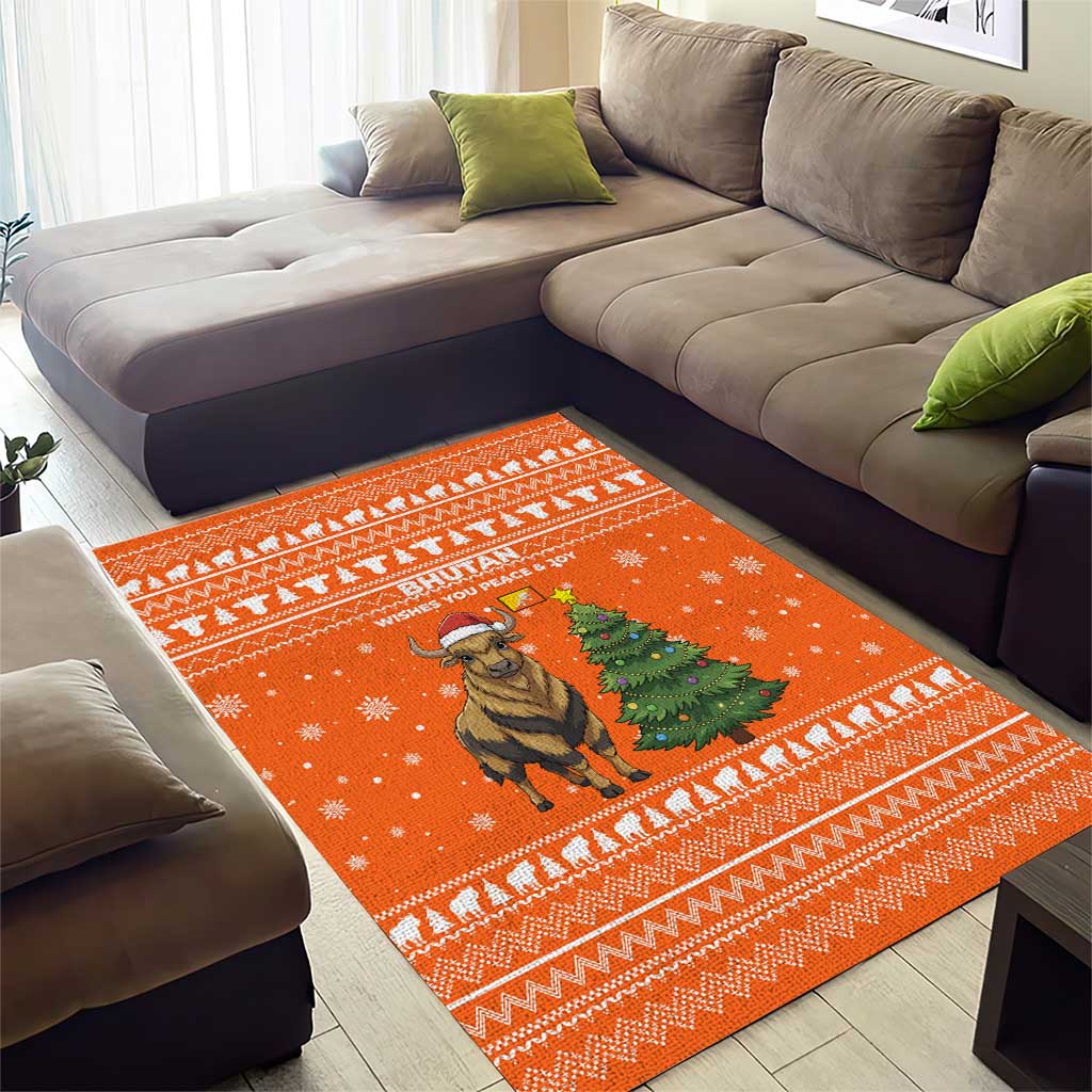 Bhutan Christmas Area Rug with Takin Santa Hat Christmas Tree and Snowflake Pattern in Orange - Wonder Print Shop