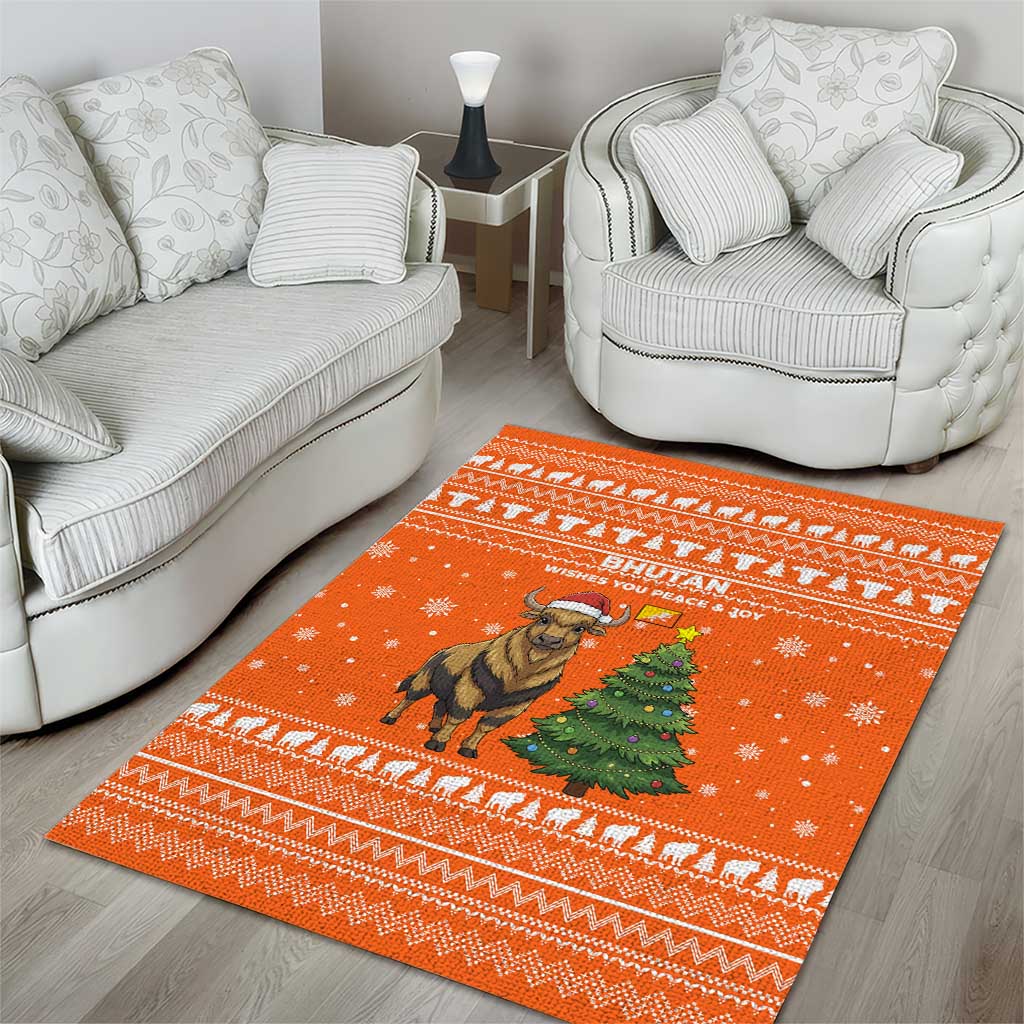 Bhutan Christmas Area Rug with Takin Santa Hat Christmas Tree and Snowflake Pattern in Orange - Wonder Print Shop
