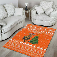 Bhutan Christmas Area Rug with Takin Santa Hat Christmas Tree and Snowflake Pattern in Orange - Wonder Print Shop