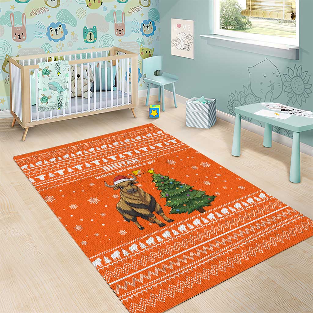 Bhutan Christmas Area Rug with Takin Santa Hat Christmas Tree and Snowflake Pattern in Orange - Wonder Print Shop