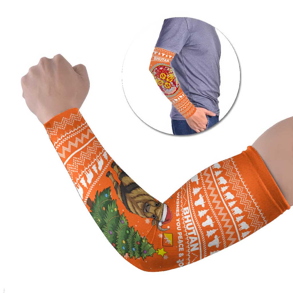 Bhutan Christmas Arm Sleeves with Takin Santa Hat Christmas Tree and Snowflake Pattern in Orange - Wonder Print Shop