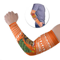 Bhutan Christmas Arm Sleeves with Takin Santa Hat Christmas Tree and Snowflake Pattern in Orange - Wonder Print Shop