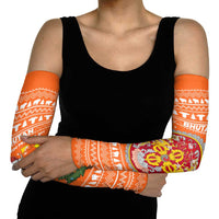 Bhutan Christmas Arm Sleeves with Takin Santa Hat Christmas Tree and Snowflake Pattern in Orange - Wonder Print Shop