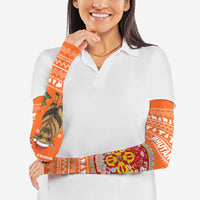 Bhutan Christmas Arm Sleeves with Takin Santa Hat Christmas Tree and Snowflake Pattern in Orange - Wonder Print Shop