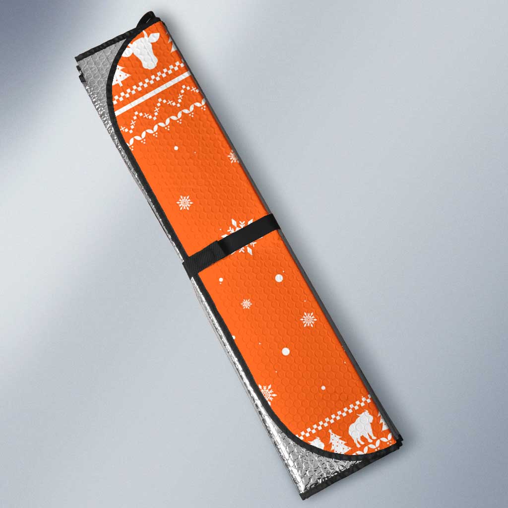 Bhutan Christmas Auto Sun Shade with Takin Santa Hat Christmas Tree and Snowflake Pattern in Orange - Wonder Print Shop