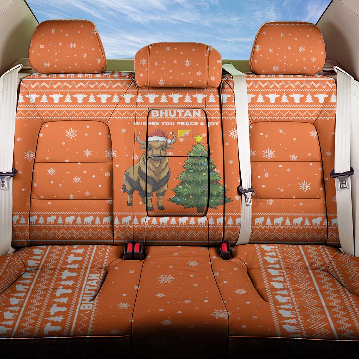 Bhutan Christmas Back Car Seat Cover with Takin Santa Hat Christmas Tree and Snowflake Pattern in Orange - Wonder Print Shop