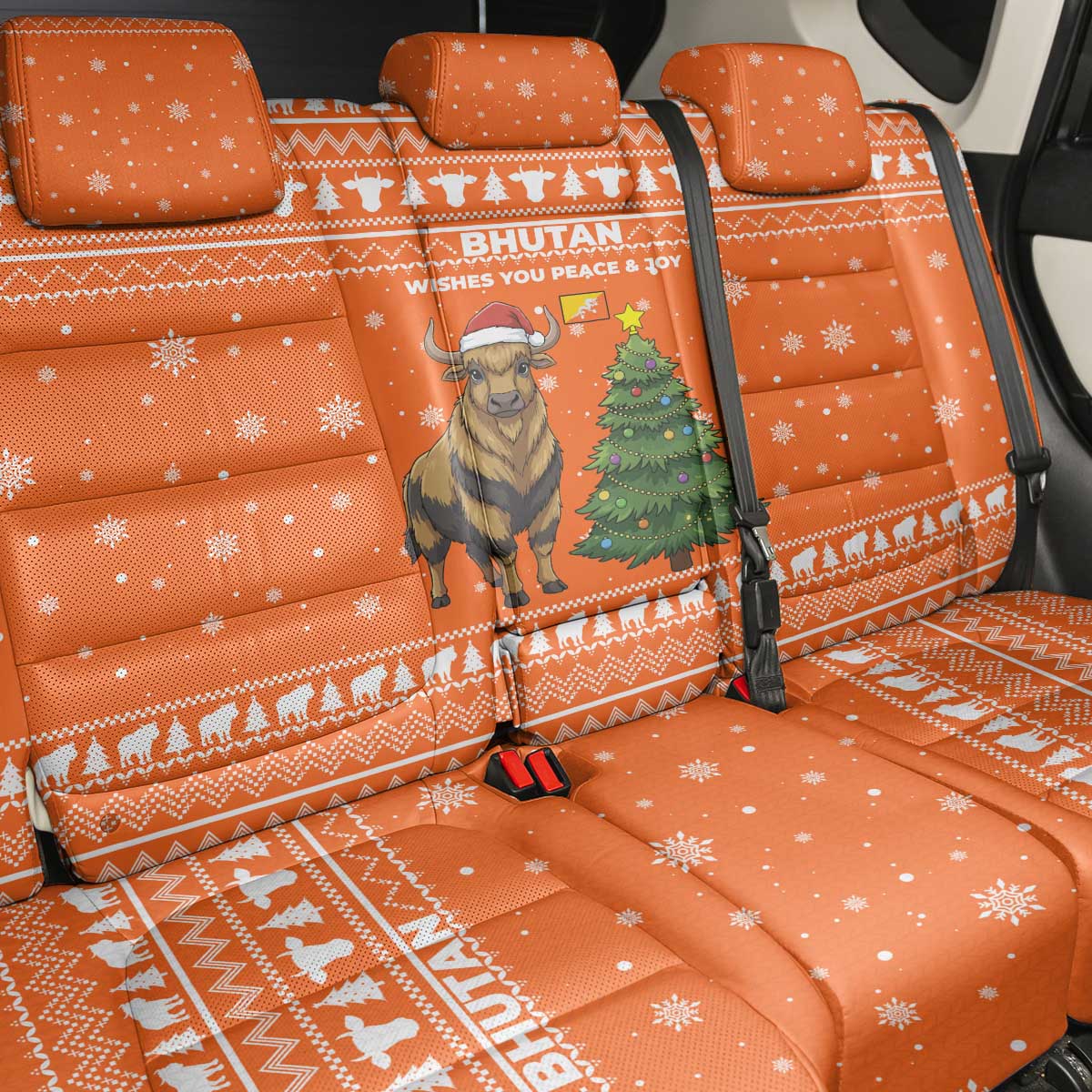 Bhutan Christmas Back Car Seat Cover with Takin Santa Hat Christmas Tree and Snowflake Pattern in Orange - Wonder Print Shop