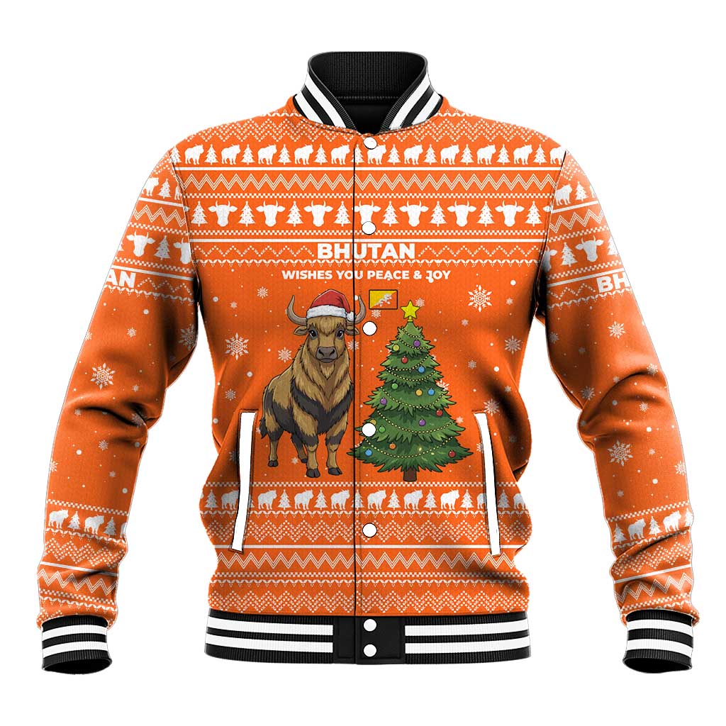 Bhutan Christmas Baseball Jacket with Takin Santa Hat Christmas Tree and Snowflake Pattern in Orange - Wonder Print Shop