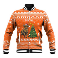 Bhutan Christmas Baseball Jacket with Takin Santa Hat Christmas Tree and Snowflake Pattern in Orange - Wonder Print Shop