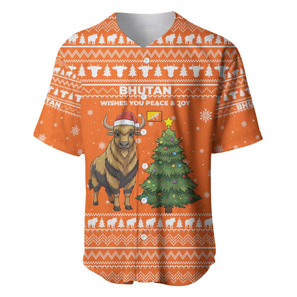 Bhutan Christmas Baseball Jersey with Takin Santa Hat Christmas Tree and Snowflake Pattern in Orange - Wonder Print Shop