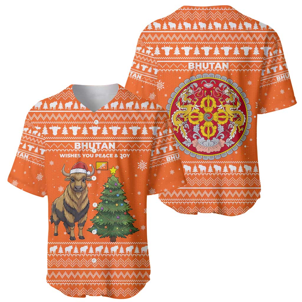 Bhutan Christmas Baseball Jersey with Takin Santa Hat Christmas Tree and Snowflake Pattern in Orange - Wonder Print Shop