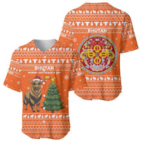 Bhutan Christmas Baseball Jersey with Takin Santa Hat Christmas Tree and Snowflake Pattern in Orange - Wonder Print Shop