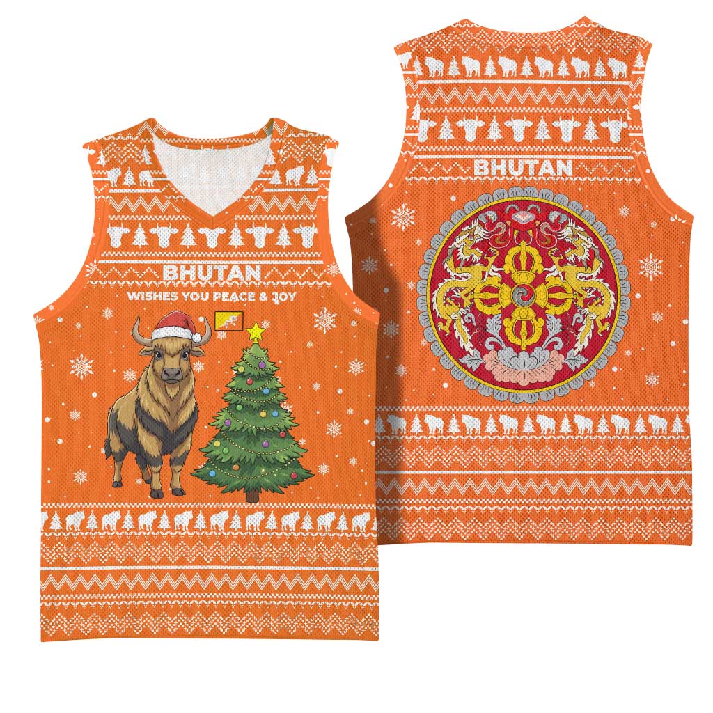 Bhutan Christmas Basketball Jersey with Takin Santa Hat Christmas Tree and Snowflake Pattern in Orange - Wonder Print Shop