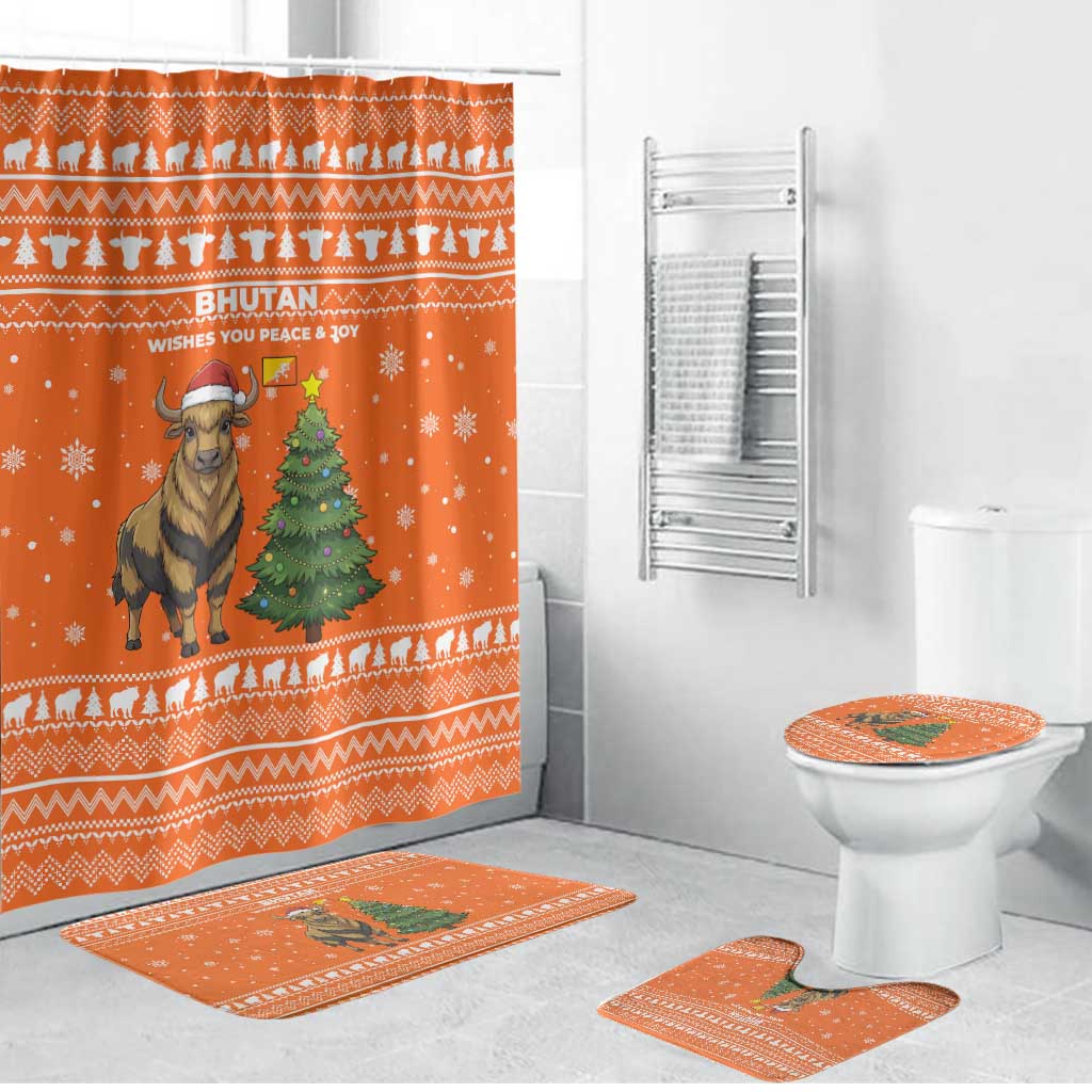 Bhutan Christmas Bathroom Set with Takin Santa Hat Christmas Tree and Snowflake Pattern in Orange - Wonder Print Shop