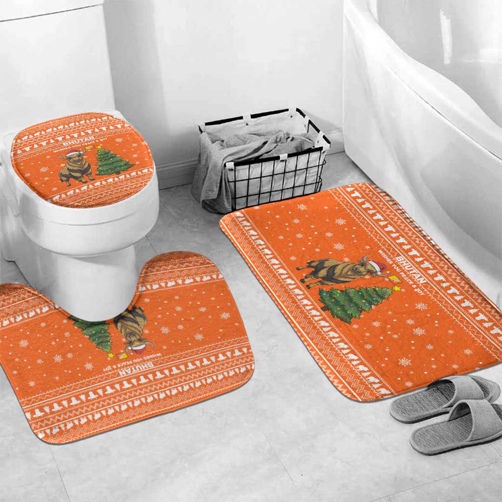Bhutan Christmas Bathroom Set with Takin Santa Hat Christmas Tree and Snowflake Pattern in Orange - Wonder Print Shop