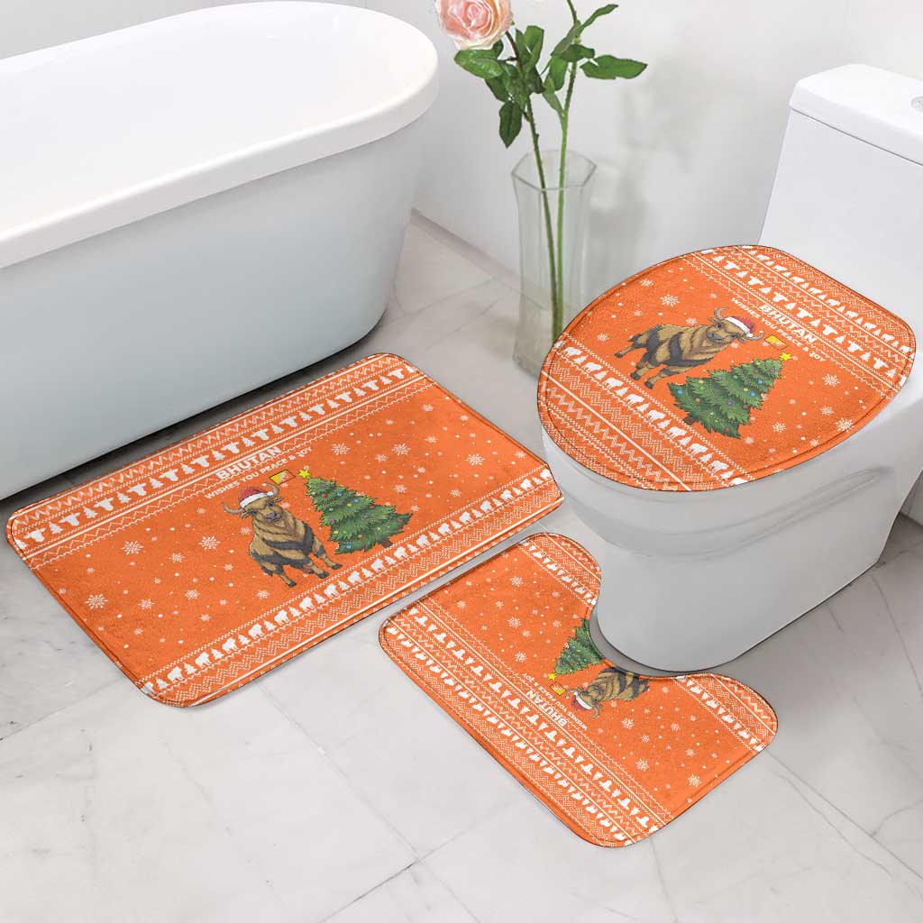 Bhutan Christmas Bathroom Set with Takin Santa Hat Christmas Tree and Snowflake Pattern in Orange - Wonder Print Shop