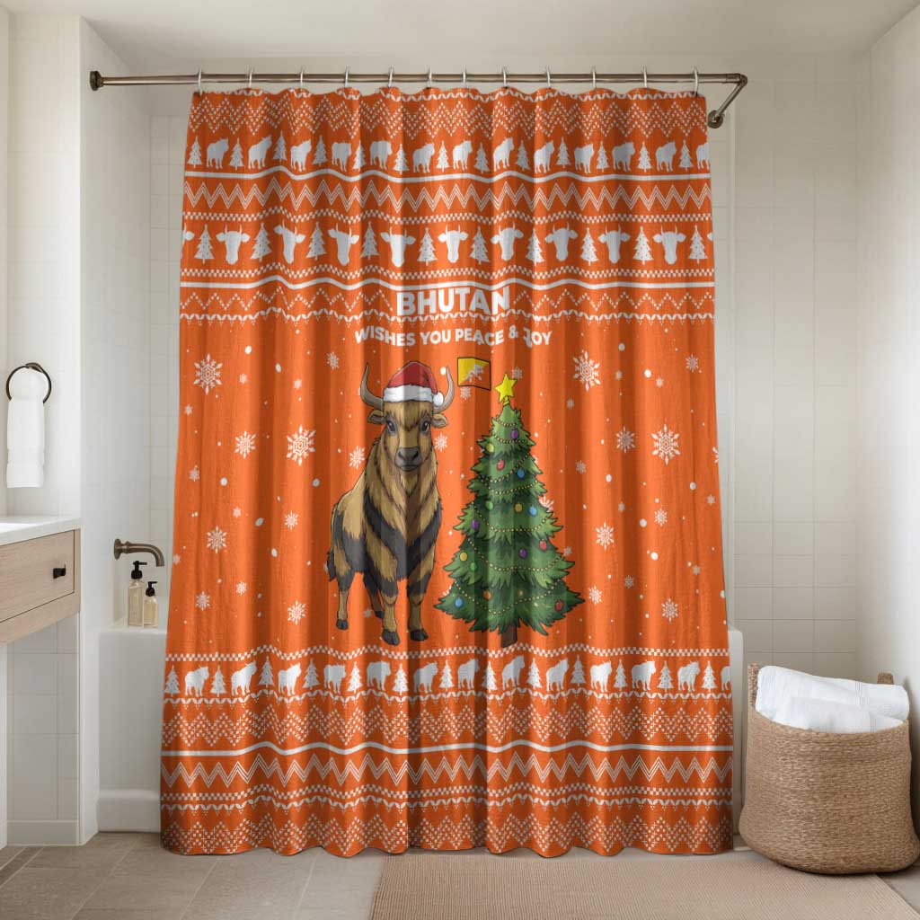 Bhutan Christmas Bathroom Set with Takin Santa Hat Christmas Tree and Snowflake Pattern in Orange - Wonder Print Shop