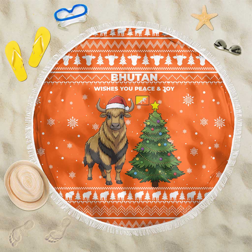 Bhutan Christmas Beach Blanket with Takin Santa Hat Christmas Tree and Snowflake Pattern in Orange - Wonder Print Shop