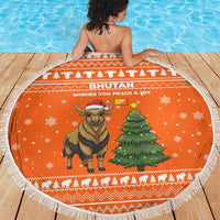 Bhutan Christmas Beach Blanket with Takin Santa Hat Christmas Tree and Snowflake Pattern in Orange - Wonder Print Shop